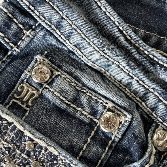 Miss Me JP5810P Cuffed Capri Cropped Blue Denim Jeans Jewel Flap Back Pockets 29 - Picture 8 of 9